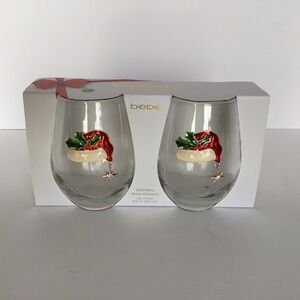Home‎ Essentials bebe Set of 2 Stemless Wine Glasses 19oz Gold Sparkle Santa Hat